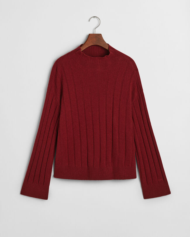 Wide Ribbed Wool Stand Collar Sweater