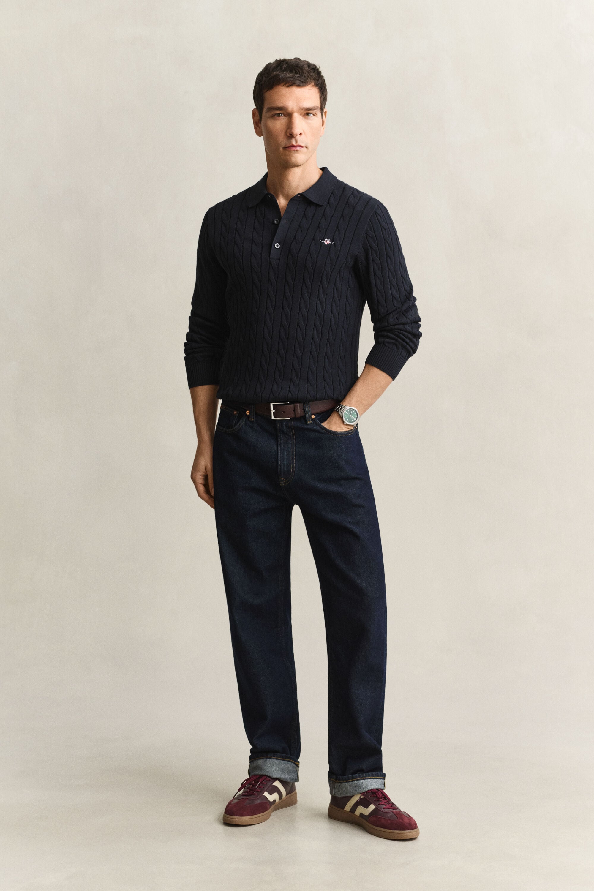 Cotton Cable Knit Polo Sweater