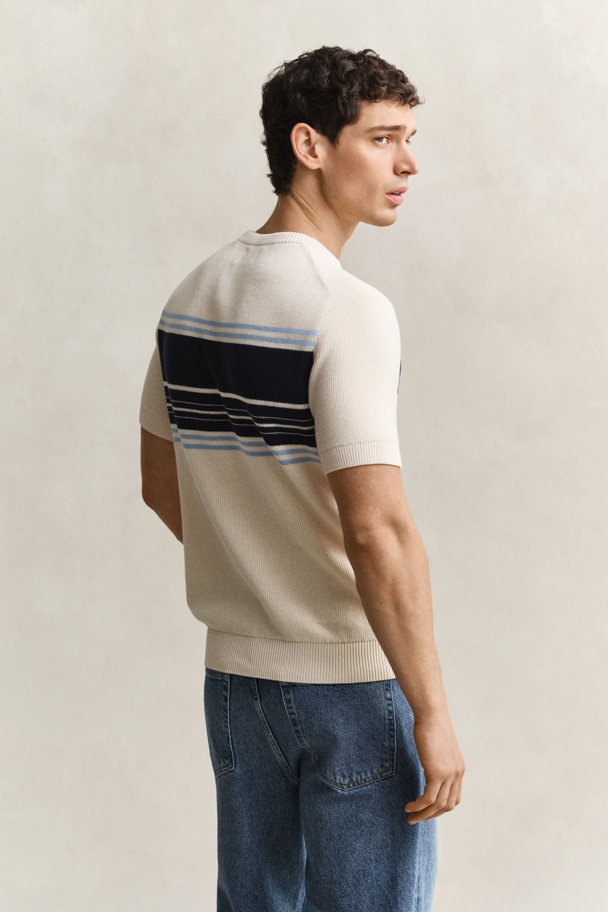 Striped Cotton Rib Short Sleeve Sweater