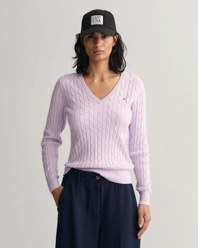 Stretch Cotton Cable Knit V-Neck Sweater