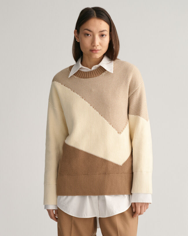 Color Blocked Cotton Crew Neck Sweater