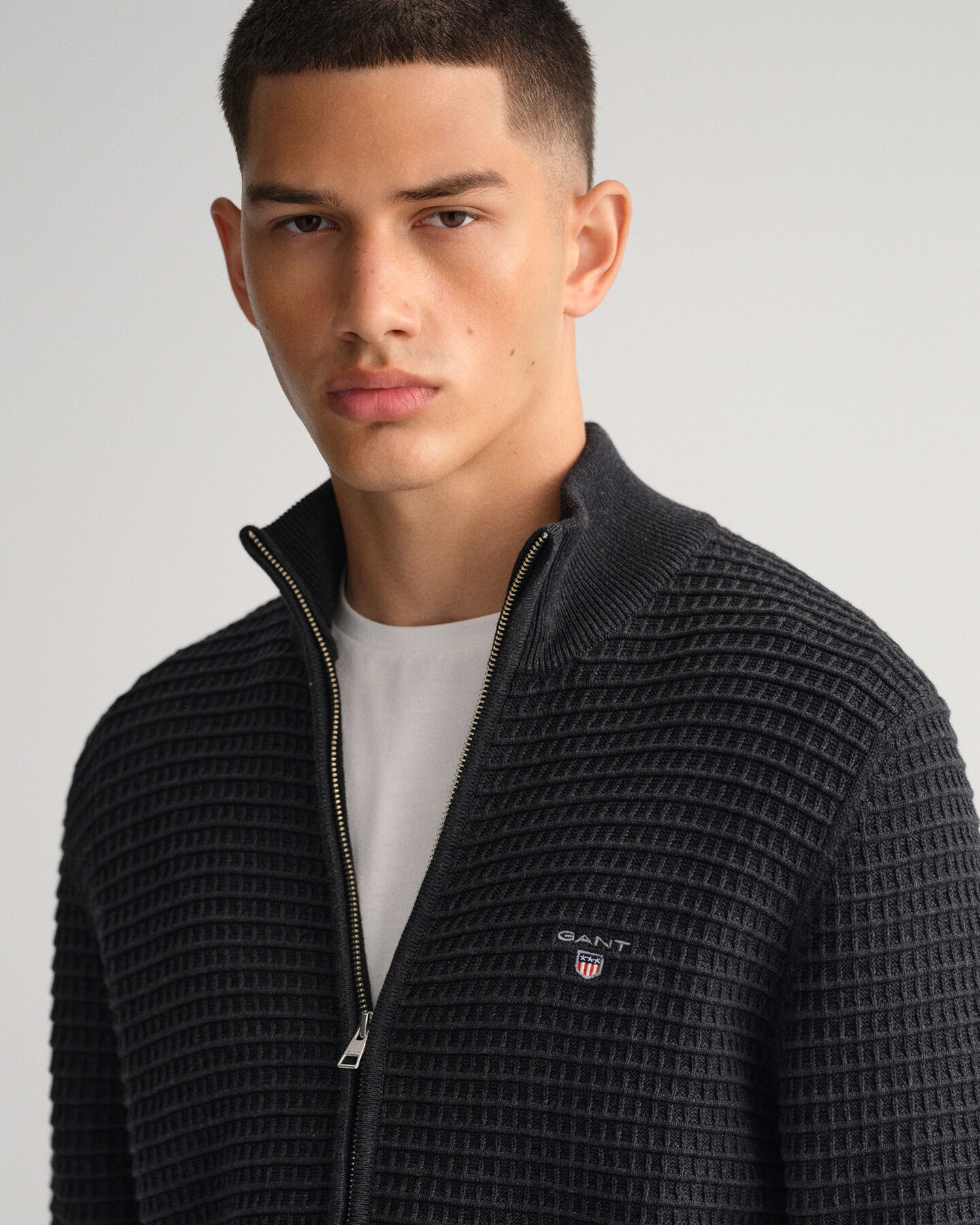 Cotton Texture Full-Zip Sweater