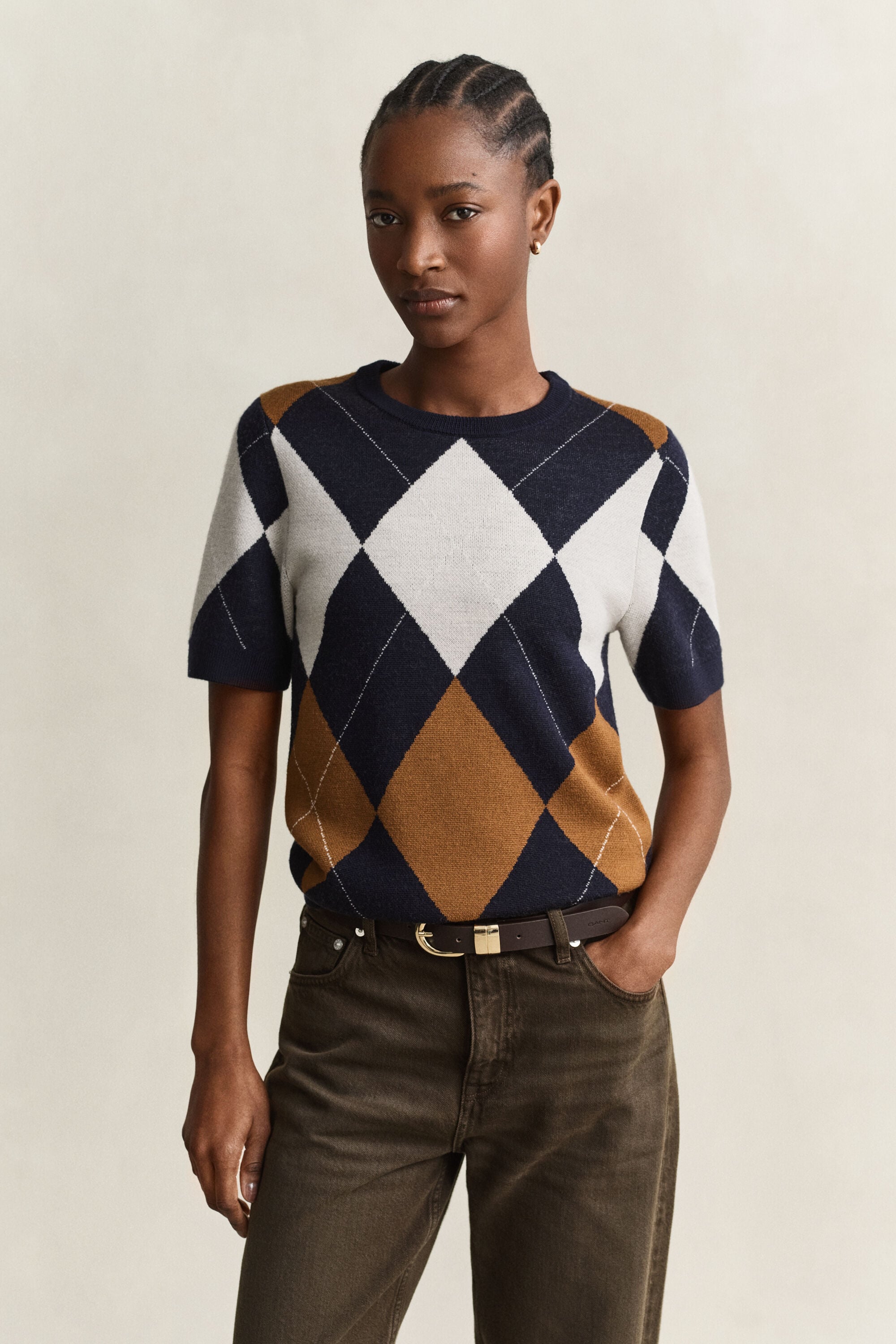 Wool Argyle Short Sleeve Sweater