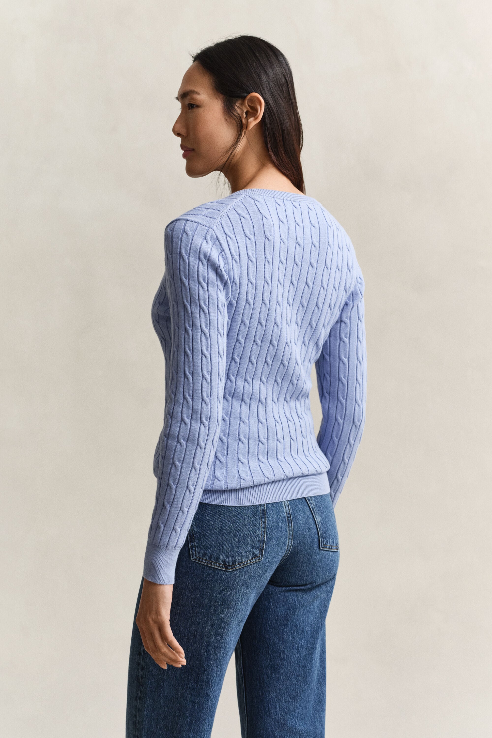 Stretch Cotton Cable Knit V-Neck Sweater