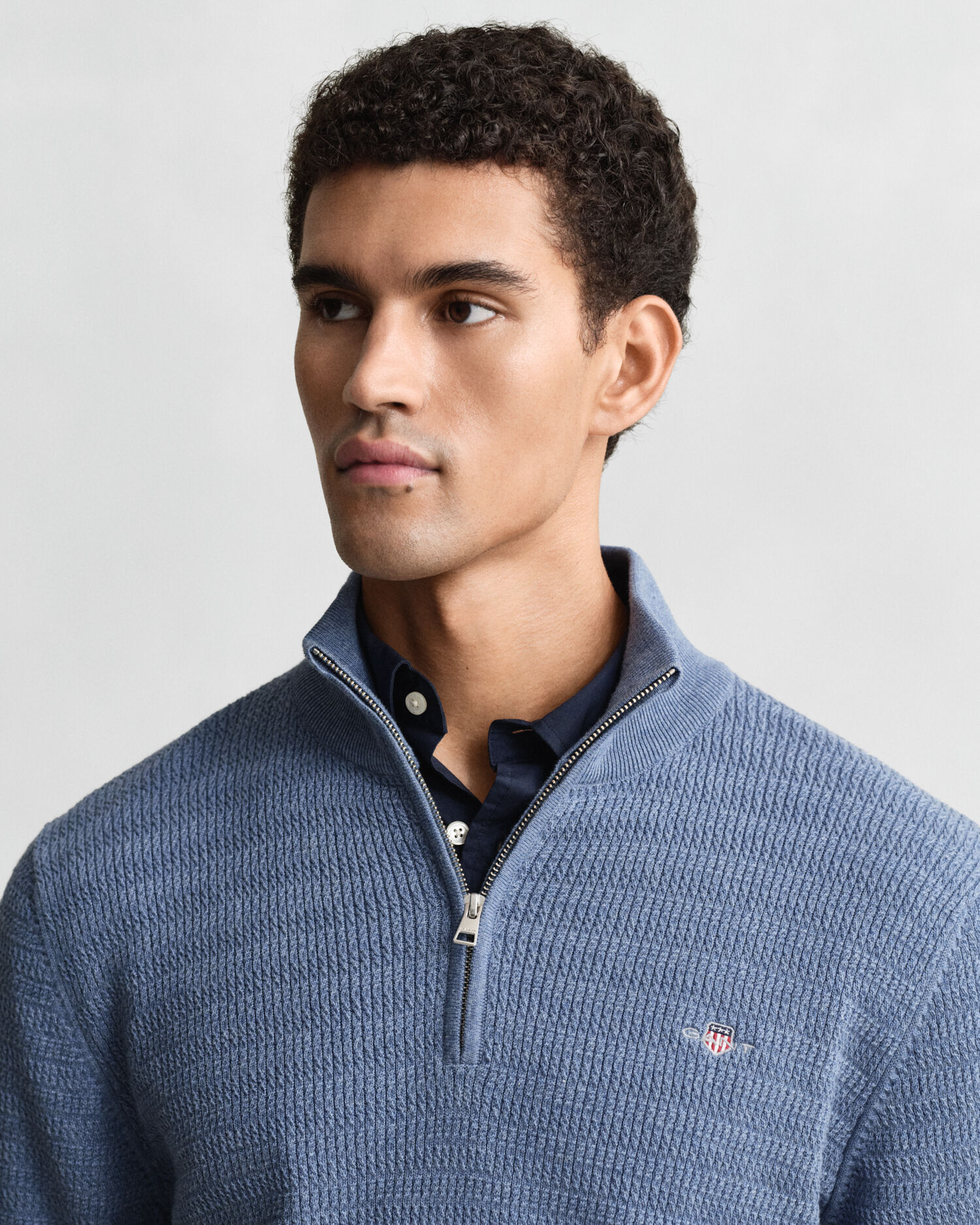 Mini Cable Knit Half-Zip Sweater — DENIM BLUE MELANGE