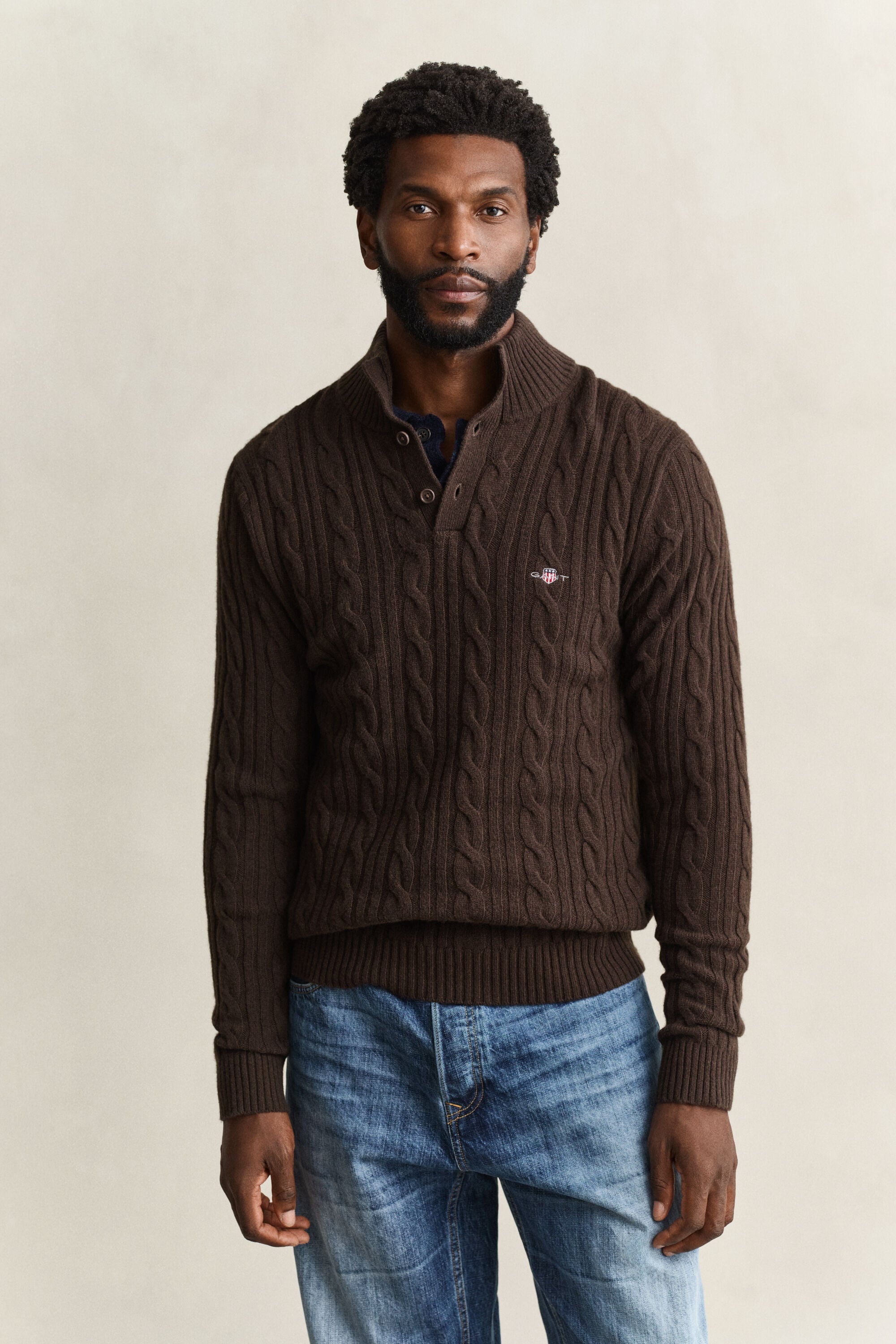 Lambswool Cable Knit Half-Buttoned Sweater