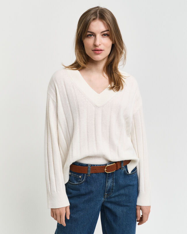 Wide Ribbed Wool V-Neck Sweater