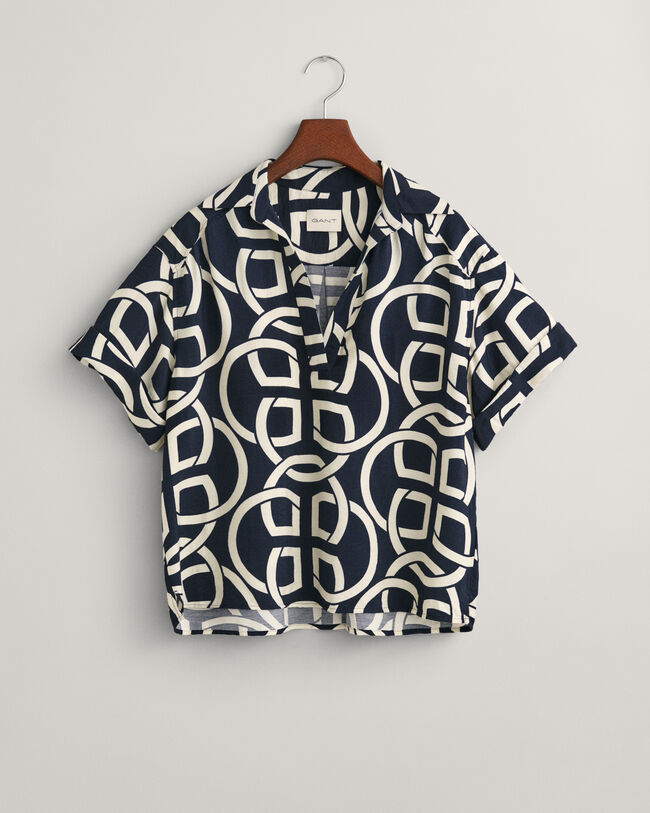 Relaxed Fit Monogram Print Popover Short Sleeve Shirt