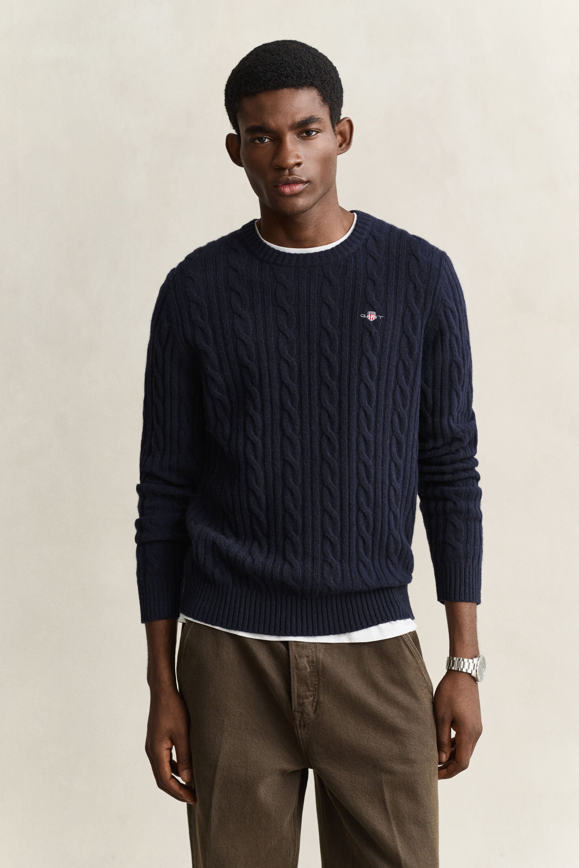 Lambswool Cable Knit Crew Neck Sweater