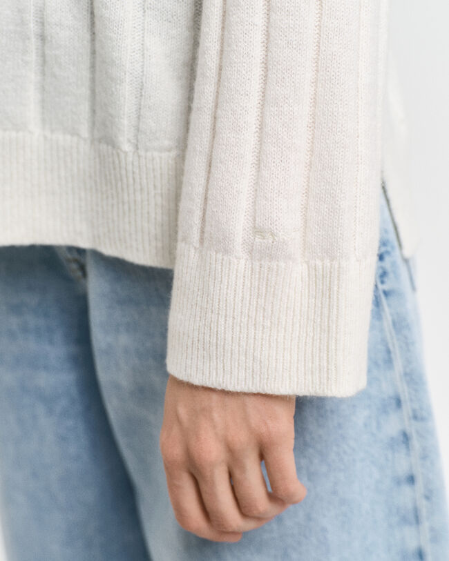Wide Ribbed Wool Stand Collar Sweater
