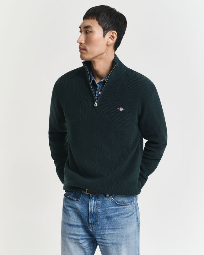 Ribbed Cotton Merino Wool Half-Zip Sweater