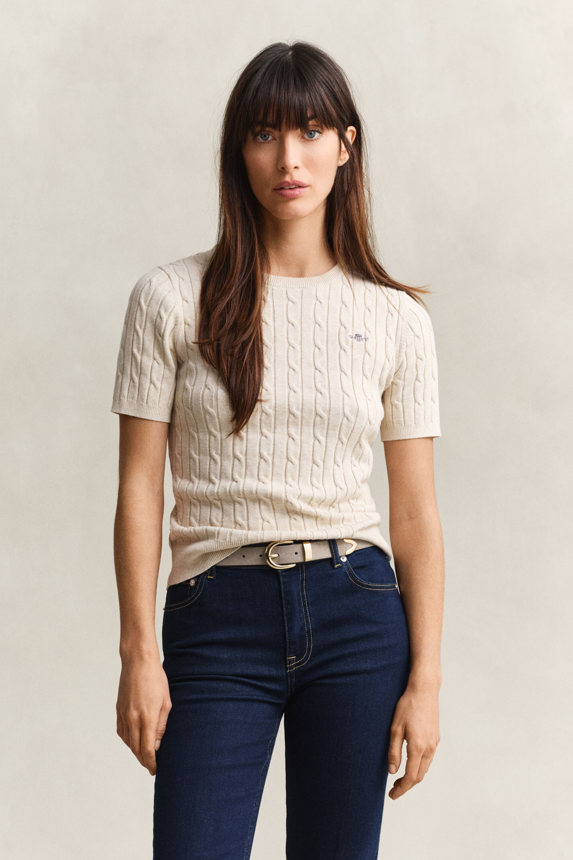 Stretch Cotton Cable Knit Short Sleeve Sweater