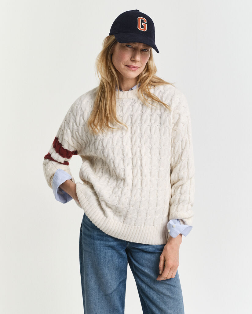 Contrast Striped Cable Knit Crew Neck Sweater
