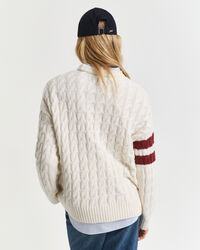 Contrast Striped Cable Knit Crew Neck Sweater