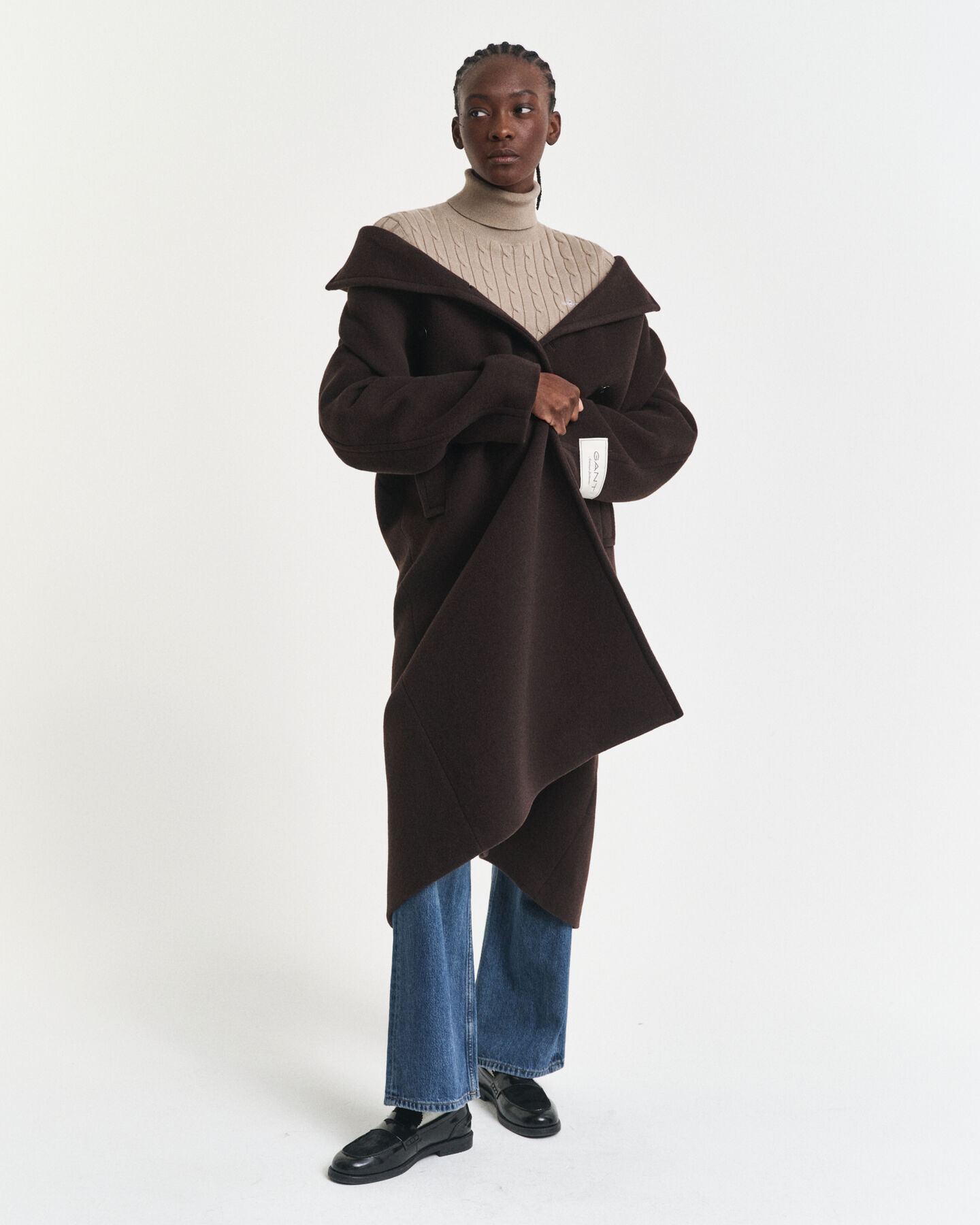 Stretch Cotton Cable Knit Turtleneck Sweater