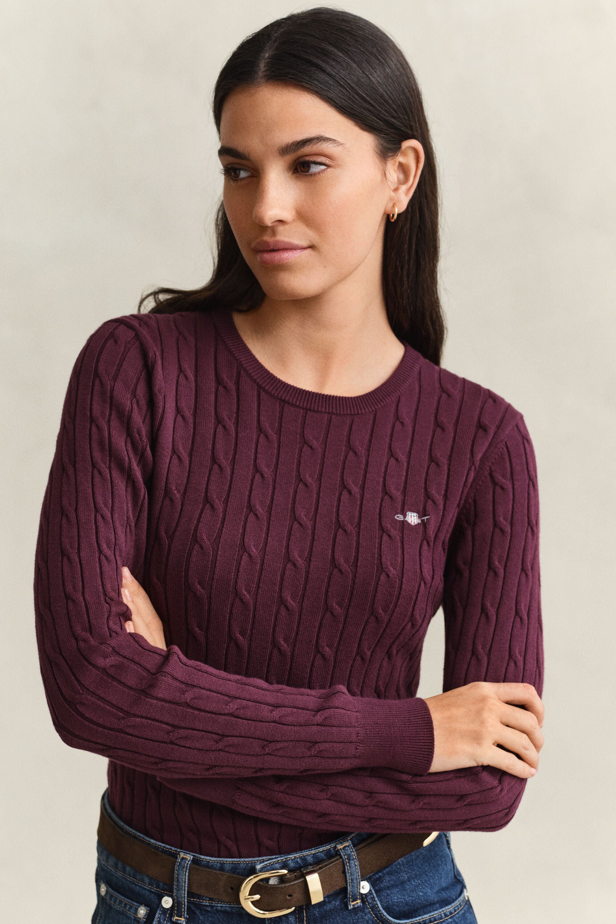 Stretch Cotton Cable Knit Crew Neck Sweater