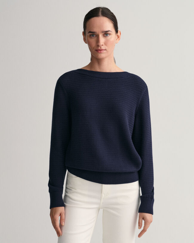 Textured Cotton Boat Neck Sweater