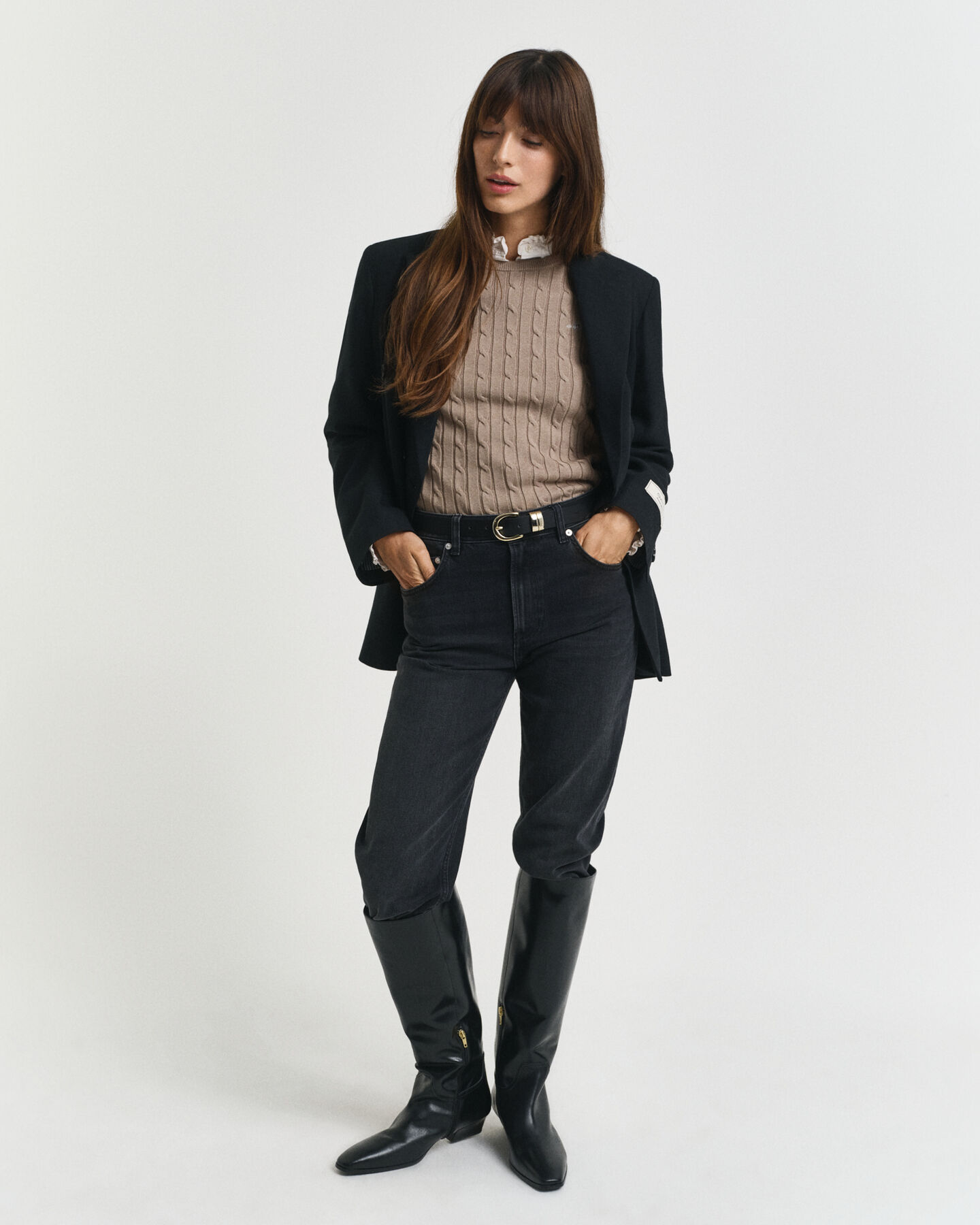 Stretch Cotton Cable Knit Crew Neck Sweater