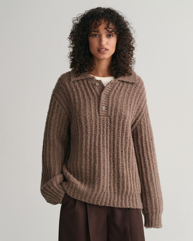Curly Wool Ribbed Polo Sweater