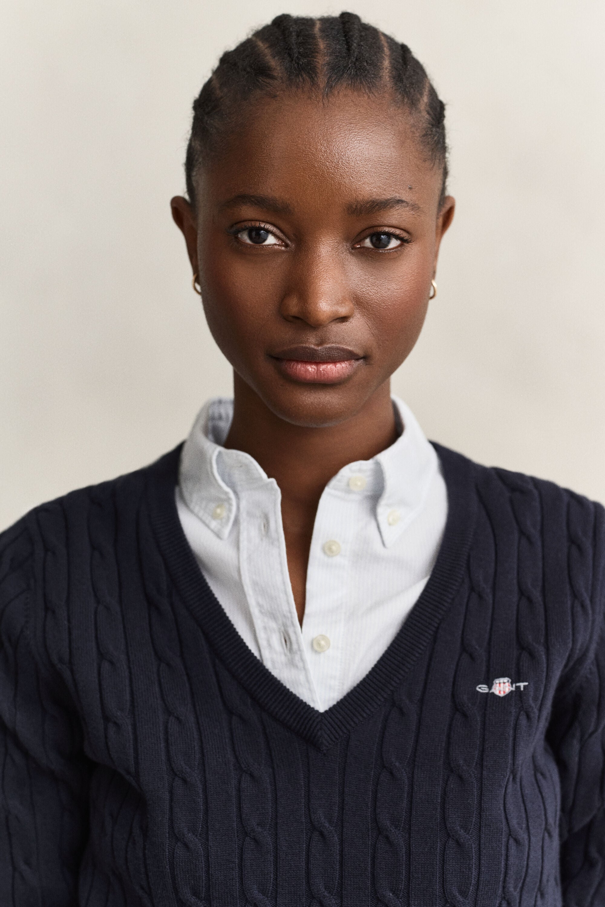 Stretch Cotton Cable Knit V-Neck Sweater
