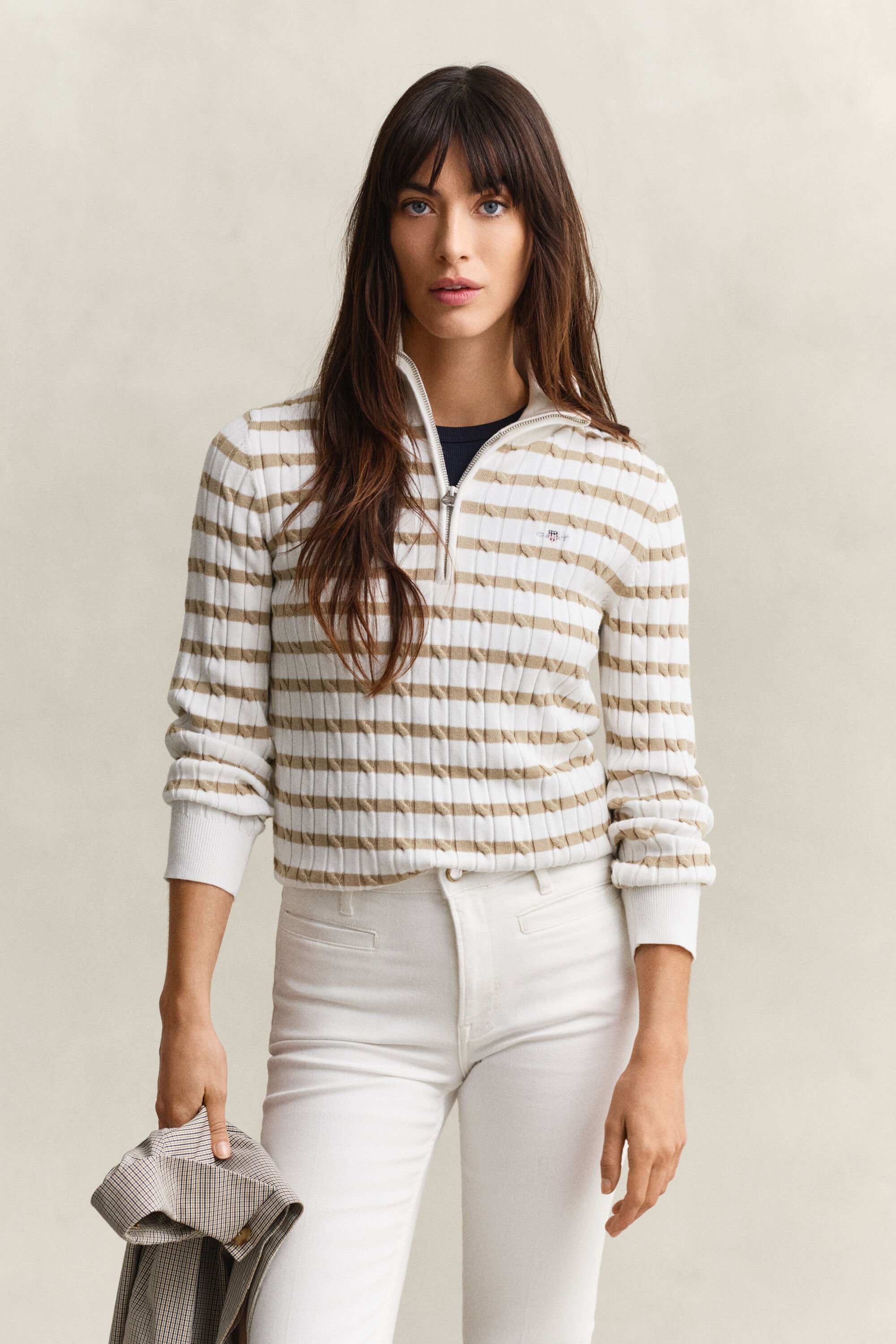 Striped Cable Knit Half-Zip Sweater