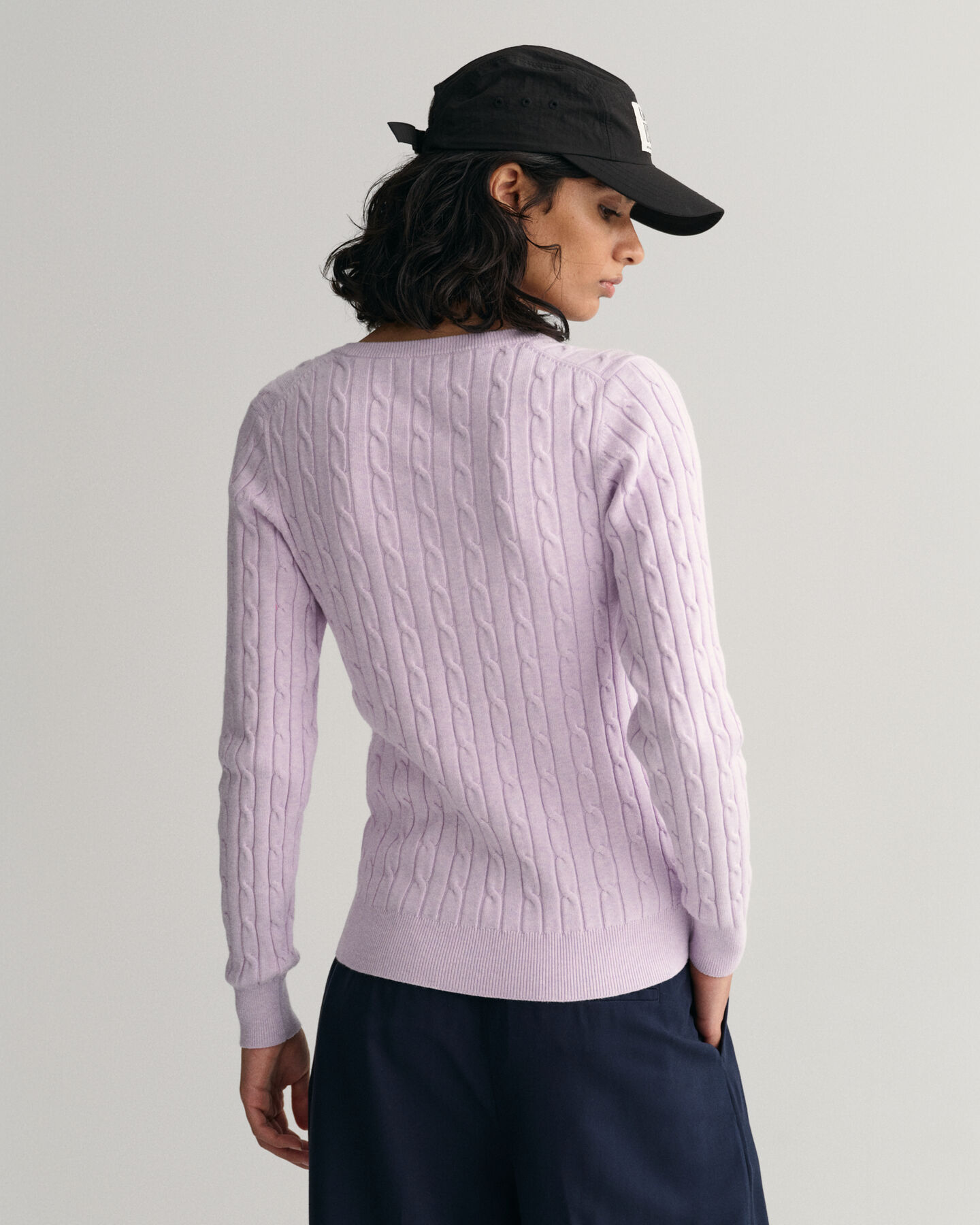 Stretch Cotton Cable Knit V-Neck Sweater