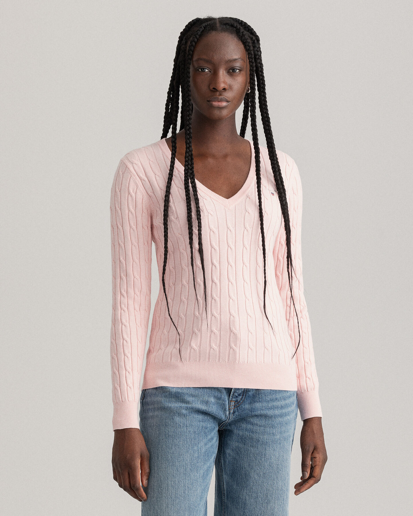Stretch Cotton Cable V-Neck Sweater
