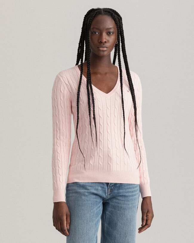 Stretch Cotton Cable V-Neck Sweater