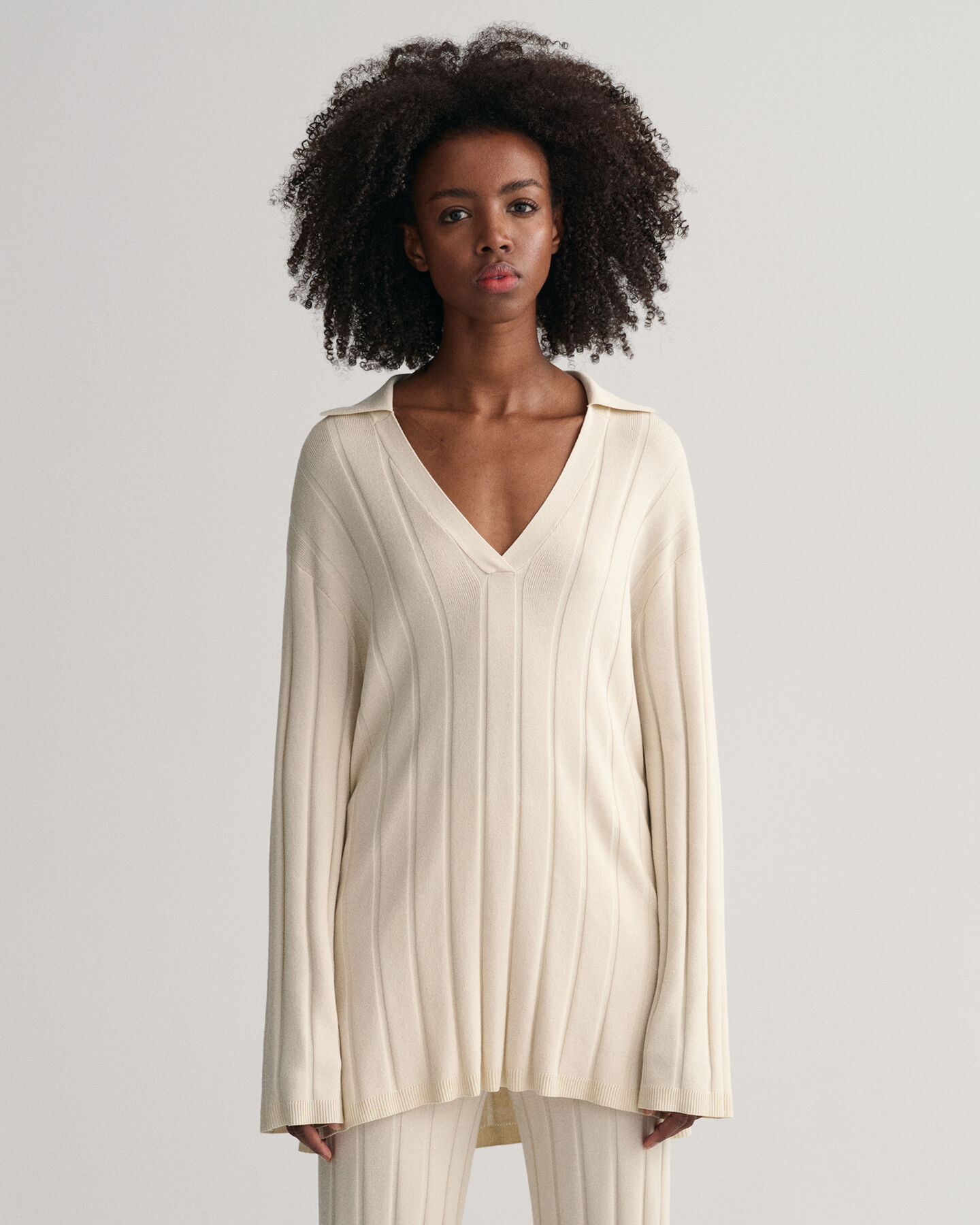 Rib Knit Open Collar Sweater