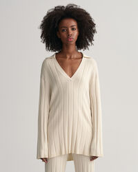 Rib Knit Open Collar Sweater