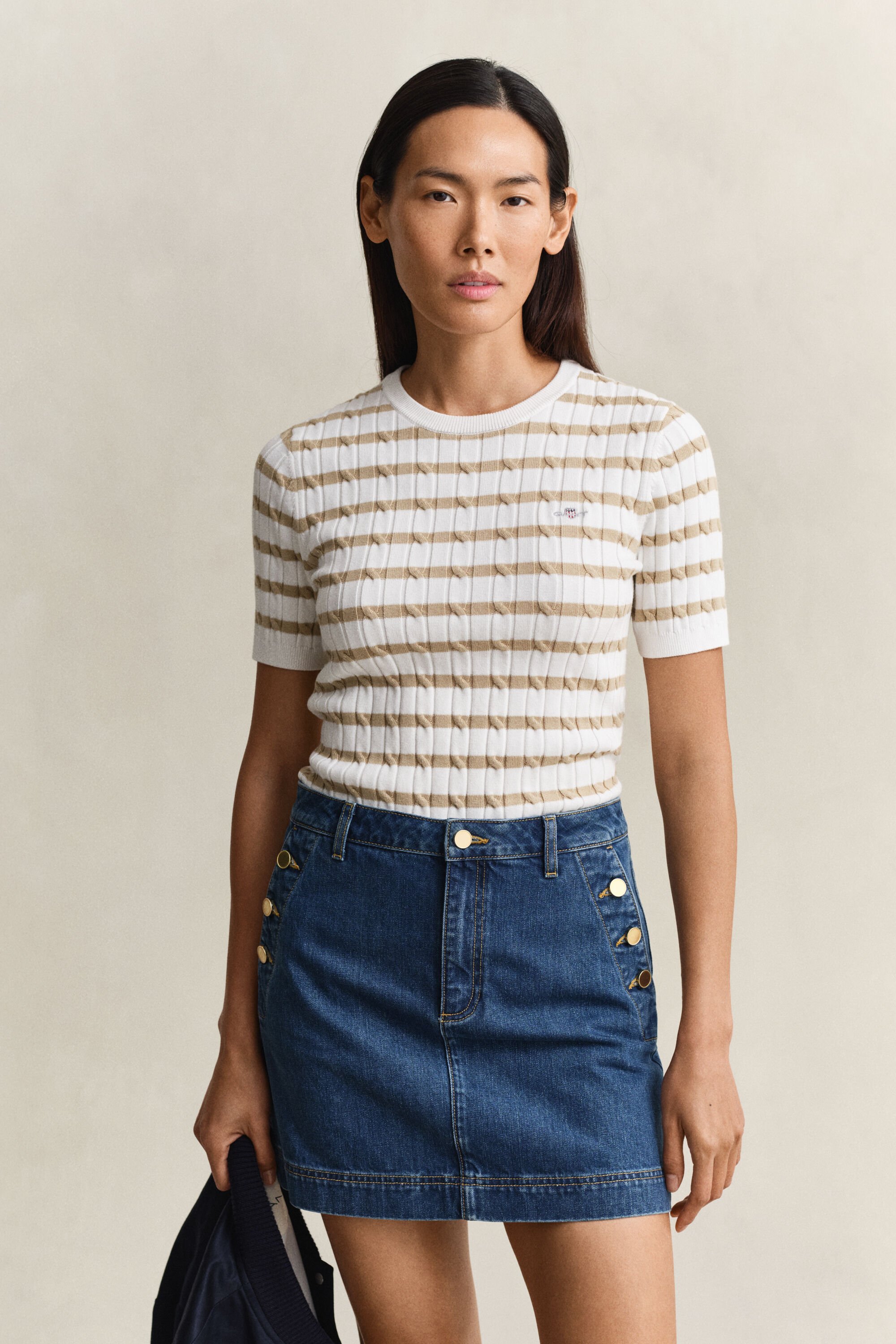 Striped Cable Knit Short Sleeve Sweater