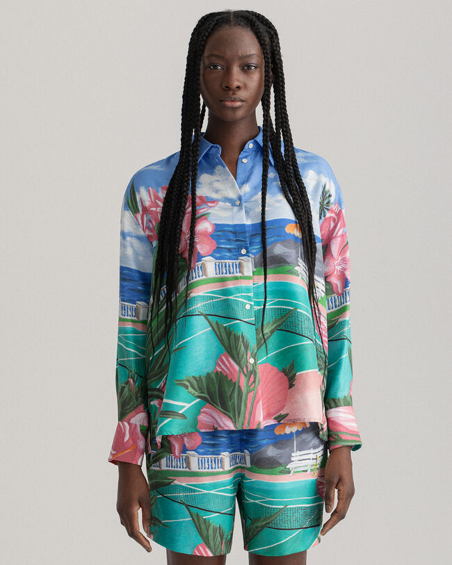 Scenery Print Silk Shirt