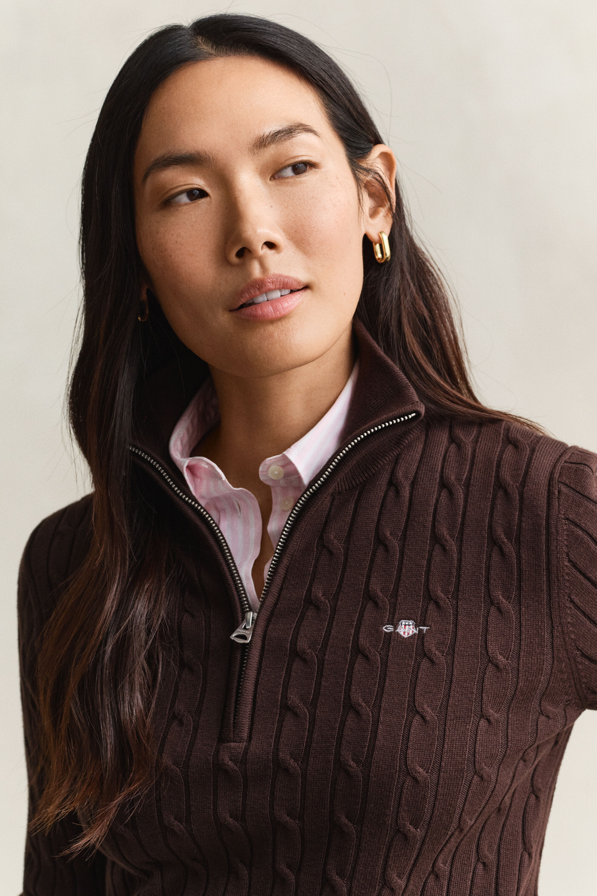 Stretch Cotton Cable Knit Half-Zip Sweater