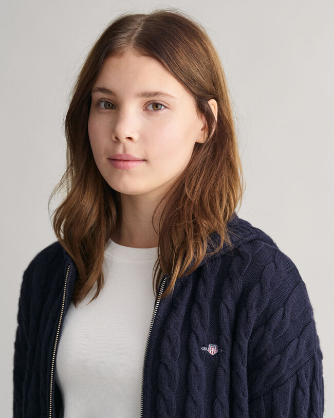 Teen Girls Shield Cropped Cable Knit Zip Hoodie