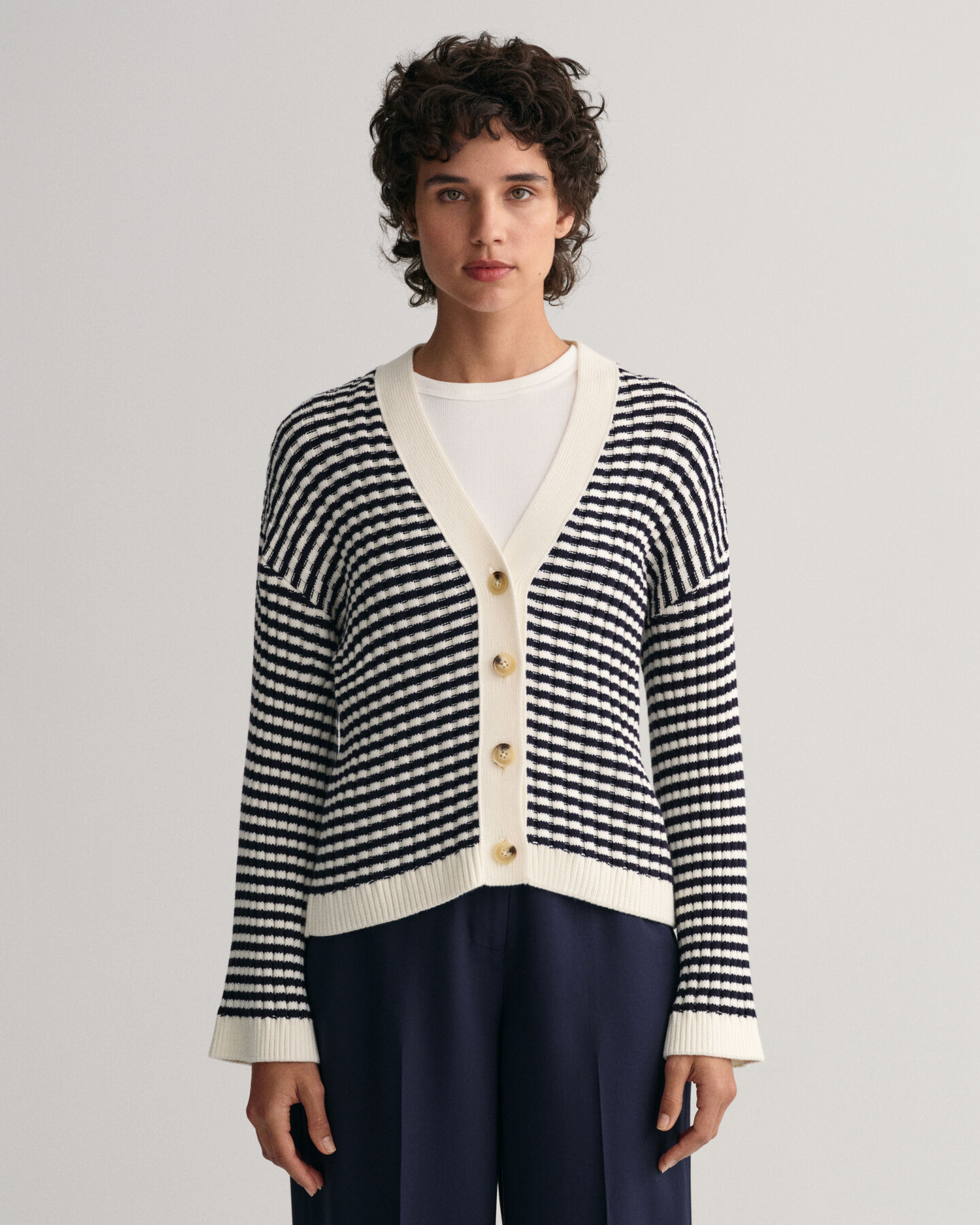 Striped Cotton Rib V-Neck Cardigan