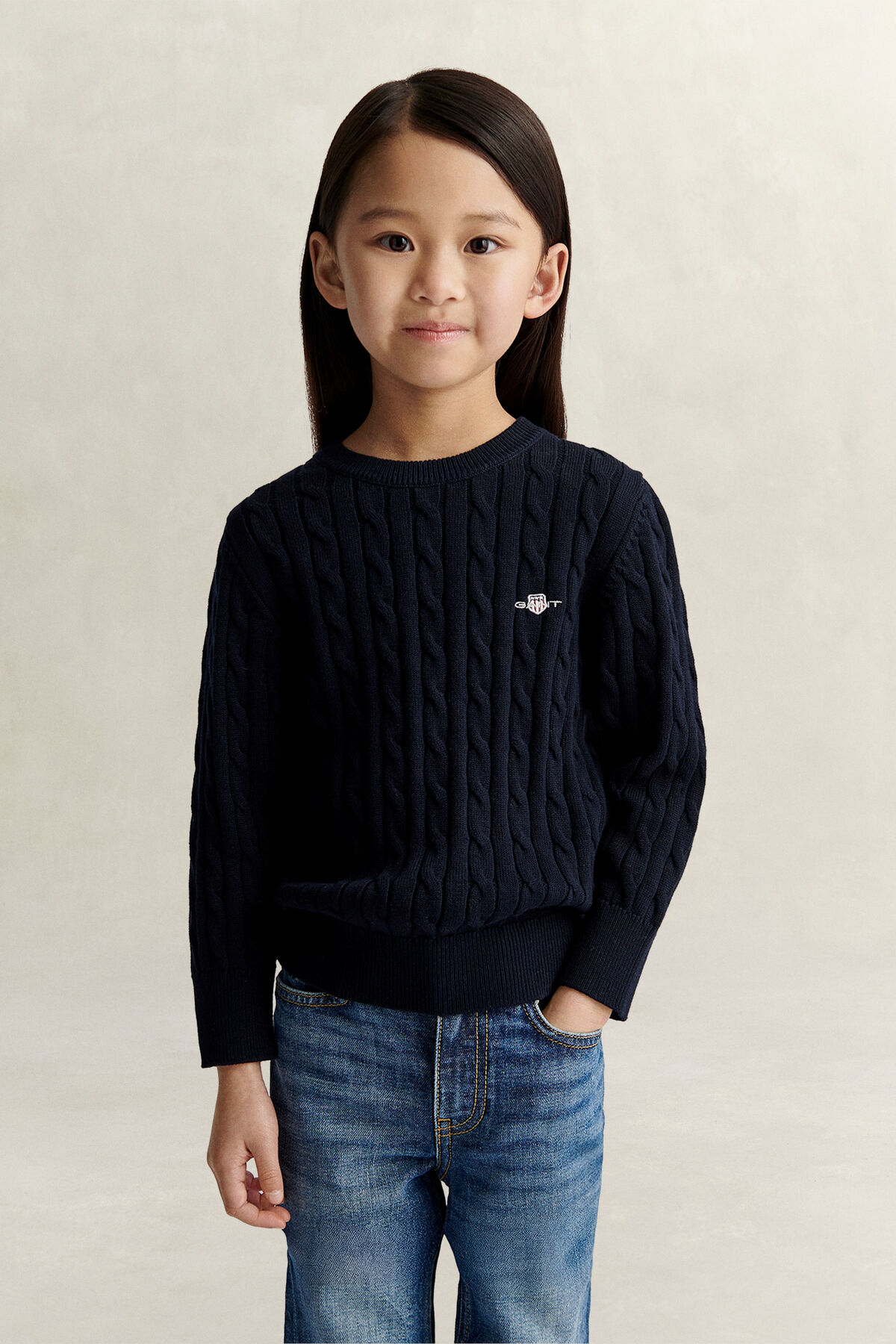 Girls Shield Cable Knit Sweater — EVENING BLUE