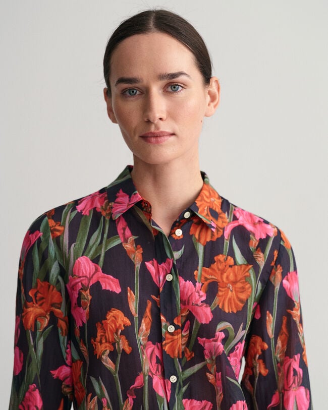 Regular Fit Iris Print Cotton Silk Shirt