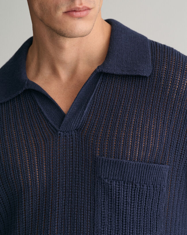Ribbed Linen Blend Short Sleeve Polo Sweater