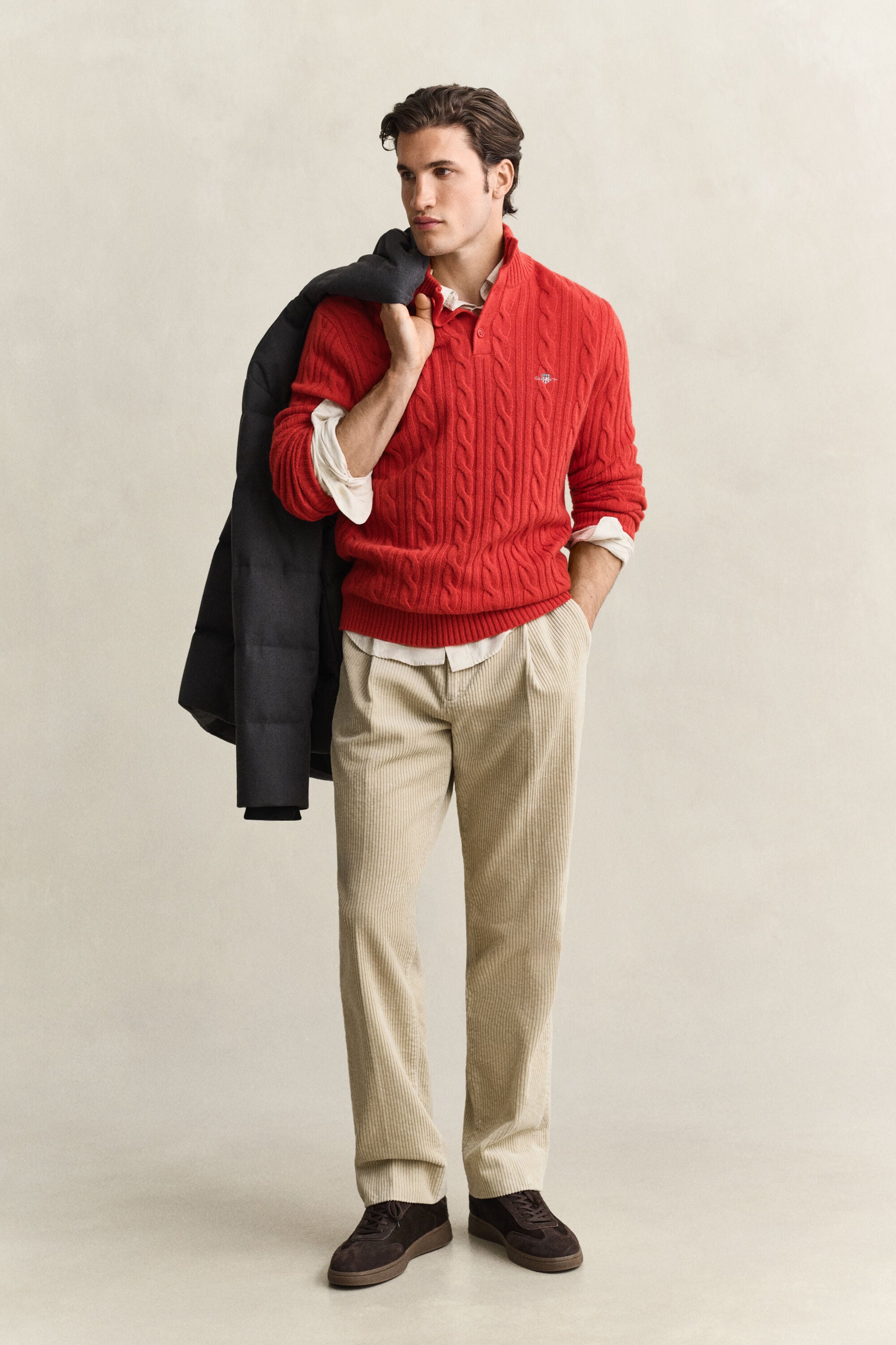 Lambswool Cable Knit Half-Buttoned Sweater
