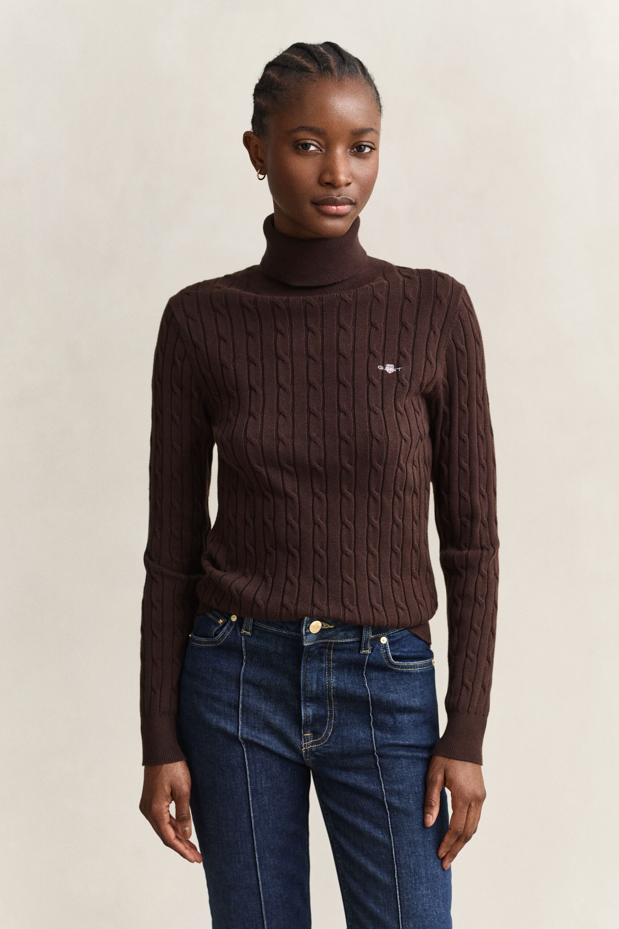 Stretch Cotton Cable Knit Turtleneck Sweater