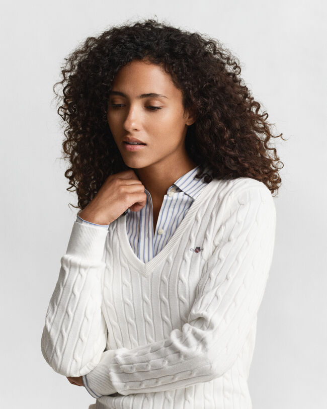 Stretch Cotton Cable Knit V-Neck Sweater