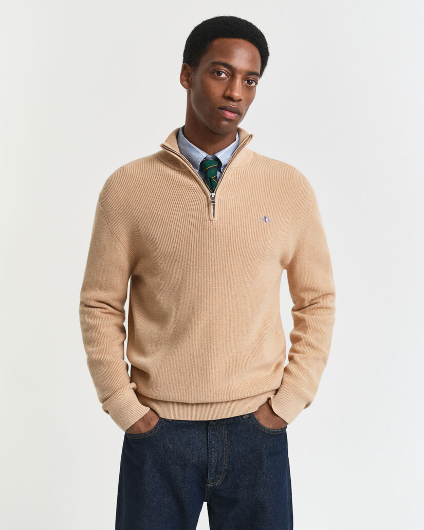 Ribbed Cotton Merino Wool Half-Zip Sweater