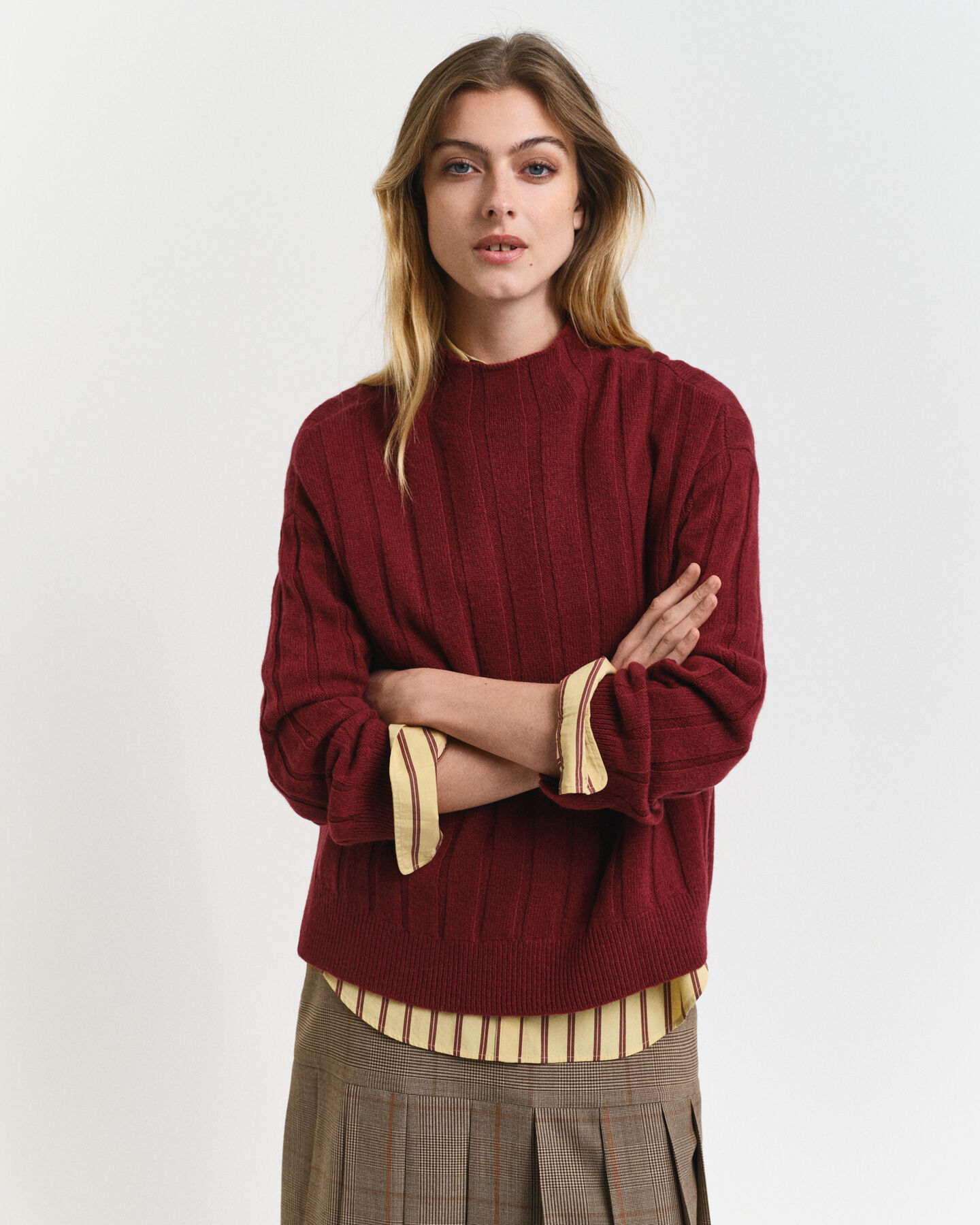 Wide Ribbed Wool Stand Collar Sweater