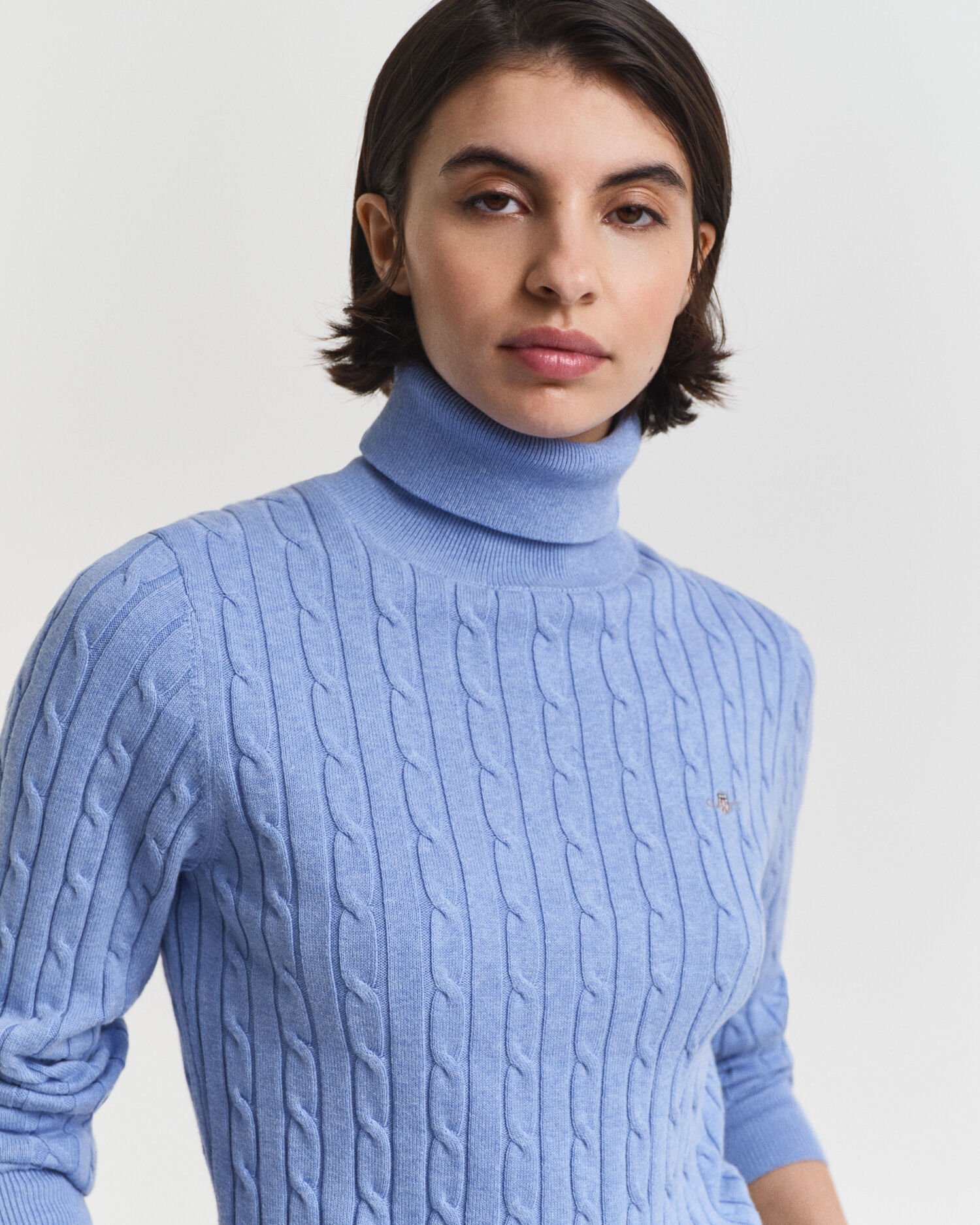 Stretch Cotton Cable Knit Turtleneck Sweater