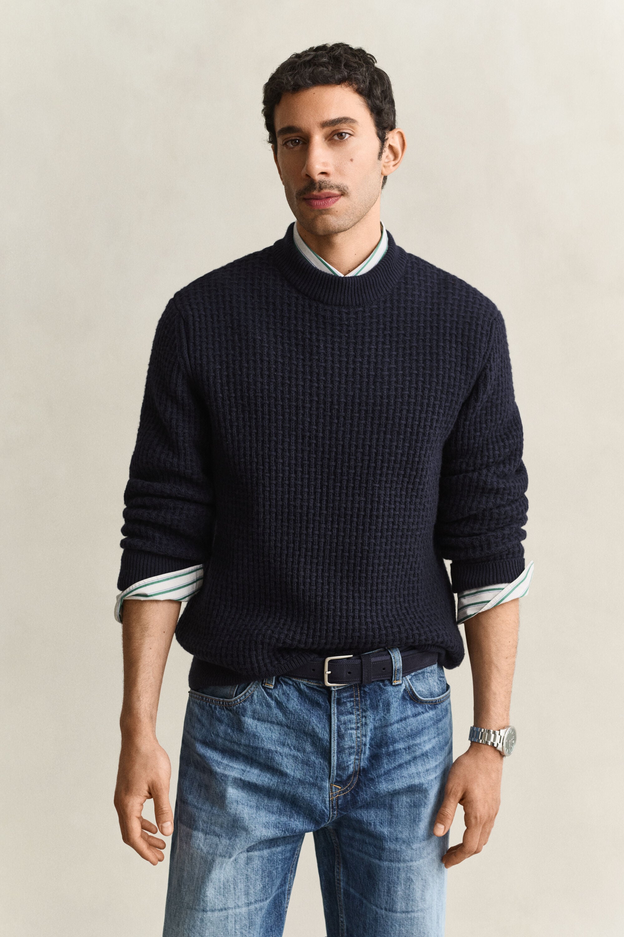 Textured Cotton Wool Mock Neck Sweater