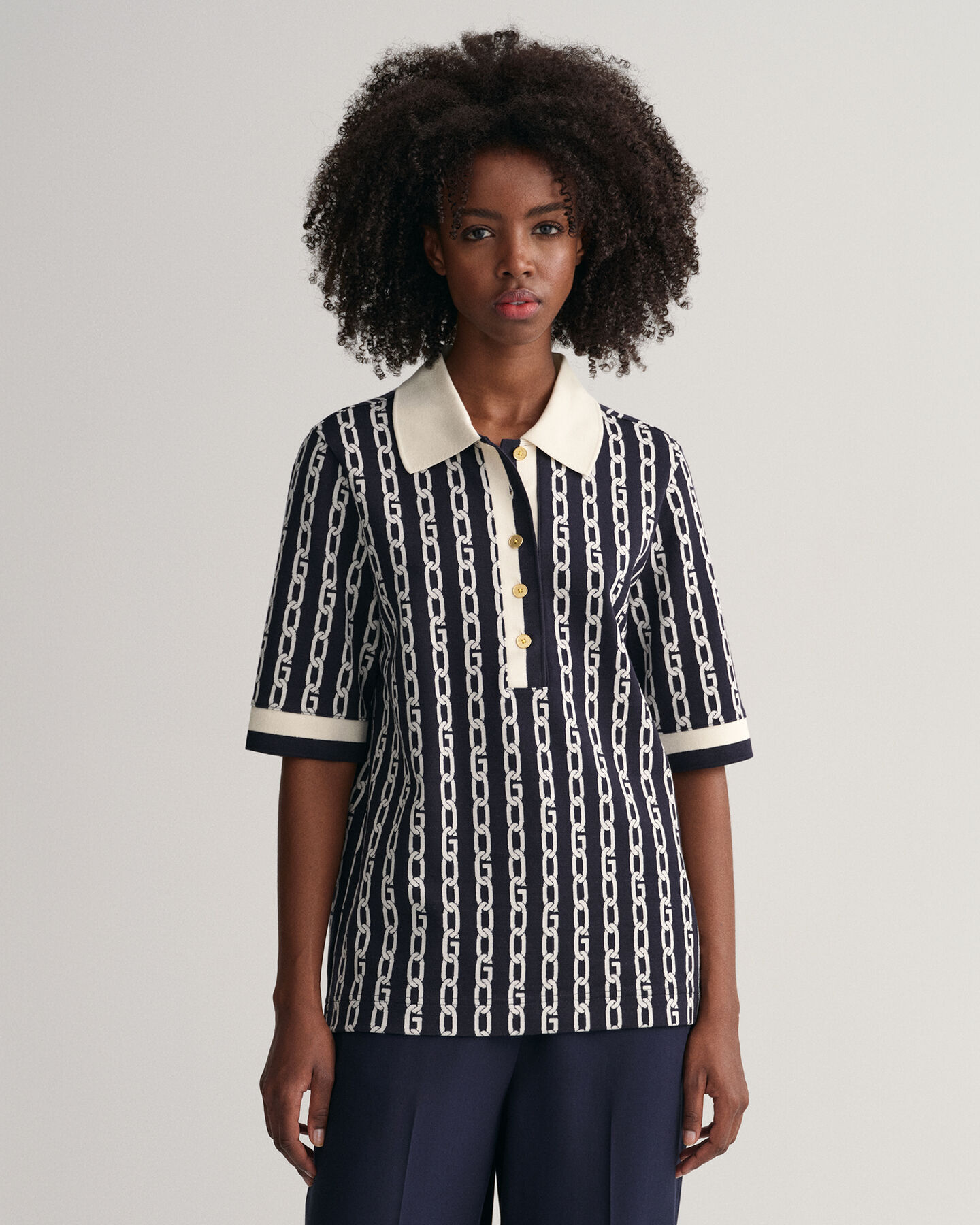 Chain Jacquard Mid Sleeve Polo Shirt