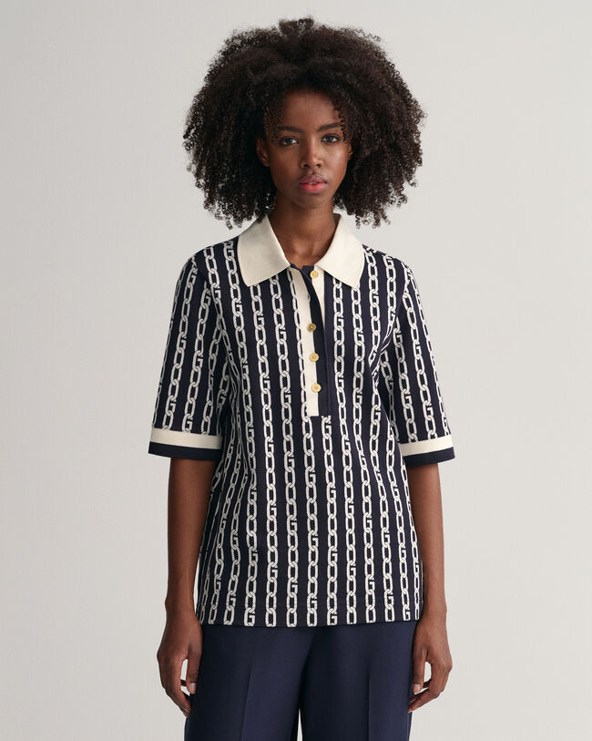 Chain Jacquard Mid Sleeve Polo Shirt