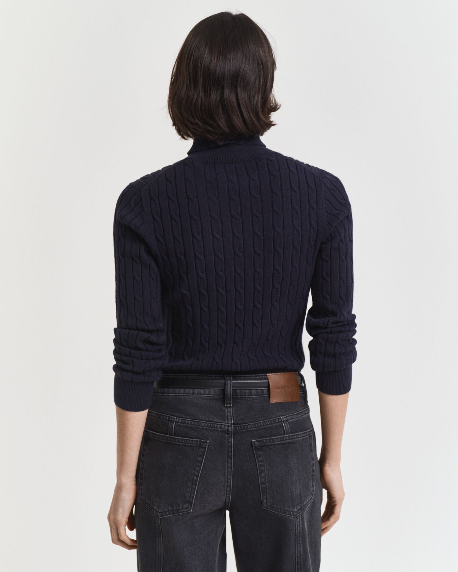 Stretch Cotton Cable Knit Turtleneck Sweater