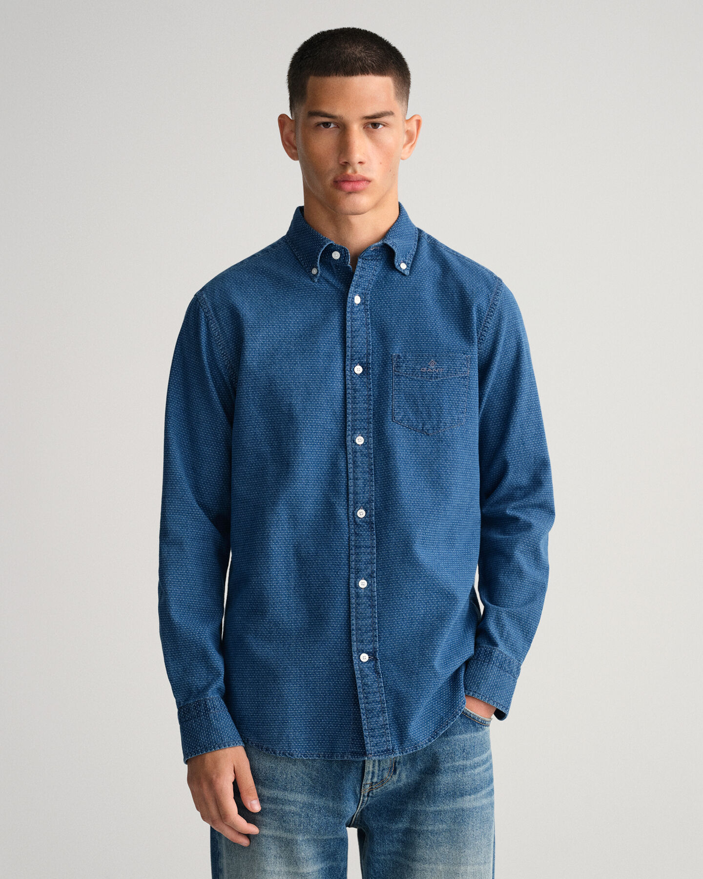 Regular Fit Indigo Jacquard Dot Shirt