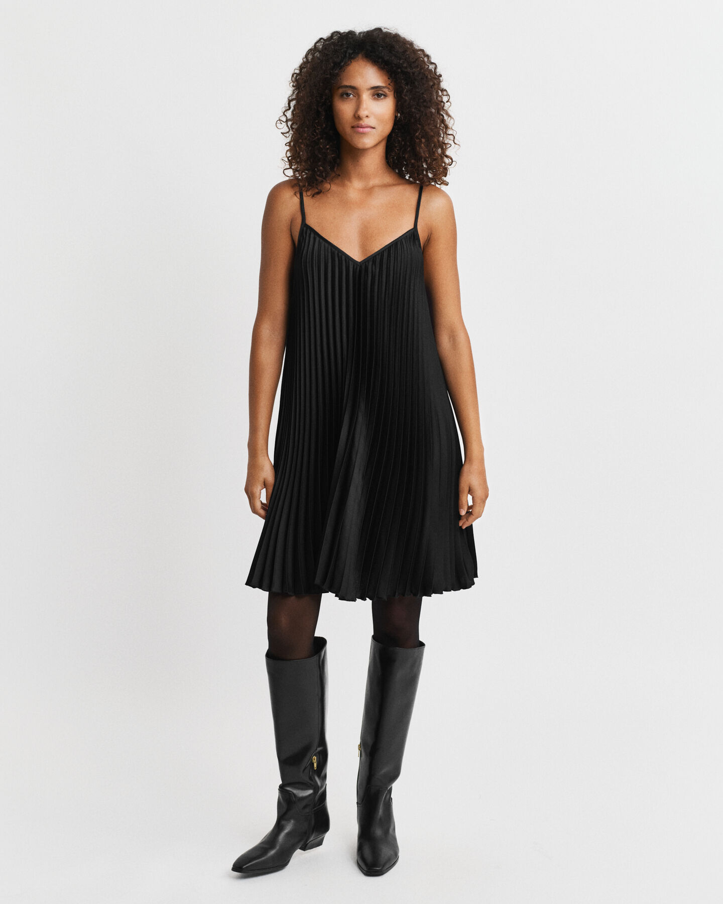 Pleated Sateen Mini Strap Dress